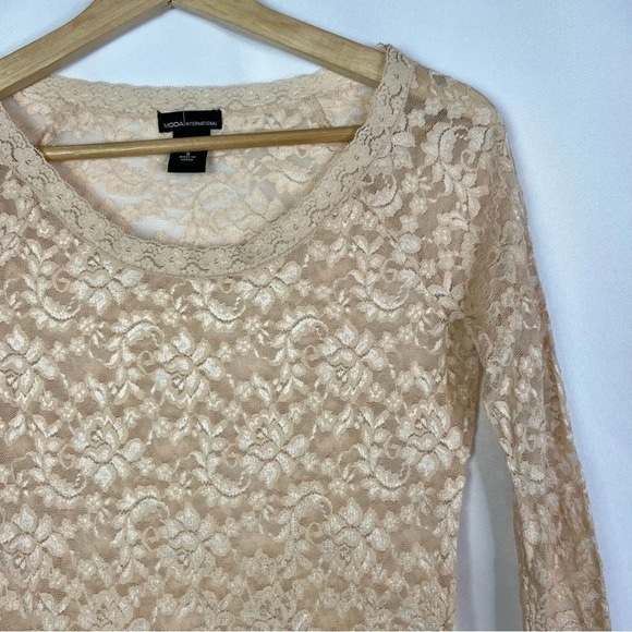 Moda International Beige Floral Y2K Lace Scoop Neck Long Sleeve S - Picture 3 of 3